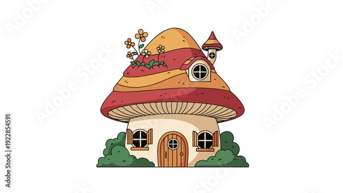 Whimsical fairy tale cottage shaped like a large mushroom features a small wooden door and windows surrounded by green bushes.