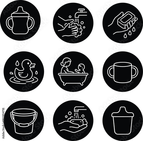 Baby hygiene and care line icons set in black circles featuring bathing, hand washing, soap, rubber duck, and sippy cups.