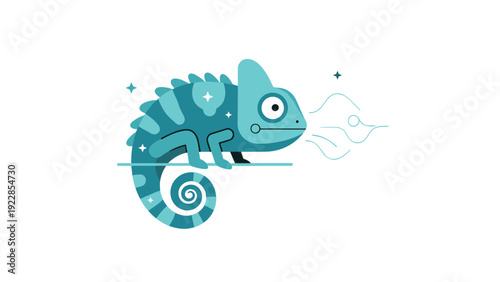 Vibrant teal chameleon reptile illustration standing on a thin branch with sparkling decorative elements on white background.