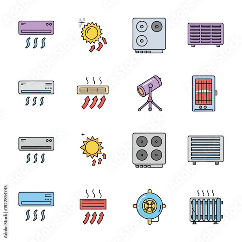 heating and air conditioning icons. smart home hvac heater radiator fan split ac floor and wall heating vector set