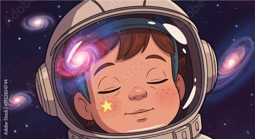 Serene astronaut child closing eyes in cosmic background symbolizing tranquility and discovery in illustration for educational and dreamy themes