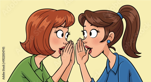 Two cartoon women whispering secrets on yellow background representing gossip and confidentiality in vector illustration for social interaction concepts