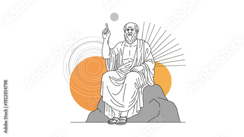 Ancient greek philosopher socrates or plato figure sitting on a grey rock with orange circle and sunburst graphic elements.