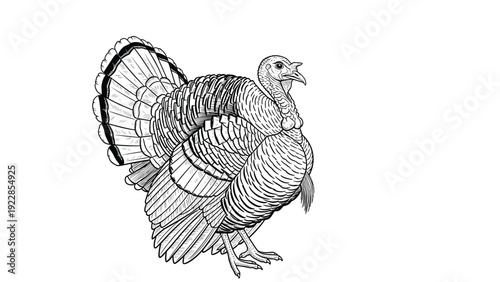 Detailed vintage style line drawing illustration of a large male turkey with its tail feathers fanned out on white background.