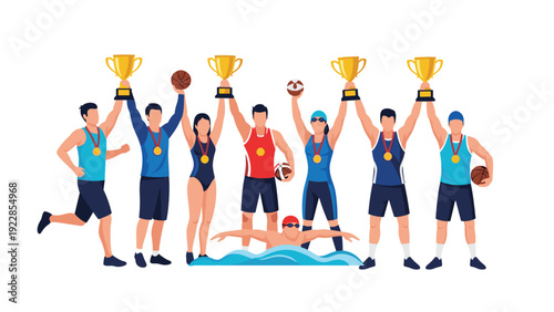 Diverse group of male and female athletes from various sports proudly holding golden trophies and wearing winners medals together.