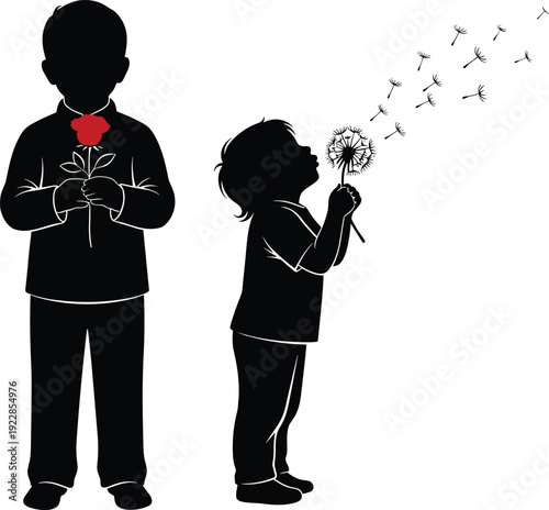 Black silhouette of a boy holding a red rose and a child blowing a dandelion with seeds flying in wind