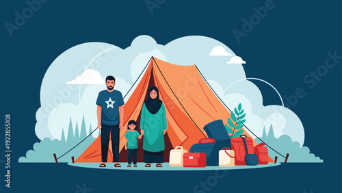Muslim family with a child standing outside an orange tent in a displacement camp setting representing refugees or migrants.