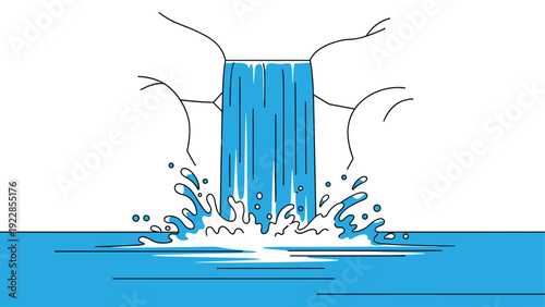 Stylized blue waterfall illustration pouring over white rocks and splashing into a calm body of water in a minimalist design.