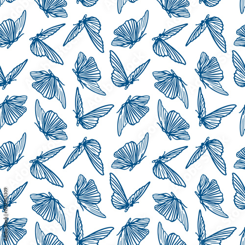 Butterfly seamless pattern. Hand drawn monochrome illustration in line art style. Vector clip art for wrapping paper, textiles and abstract backgrounds.