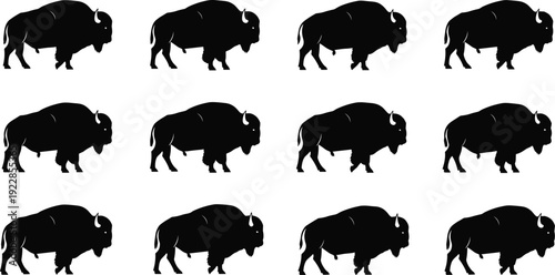 American bison silhouette collection walking buffalo wildlife animal set isolated black vector icons for prairie nature design projects