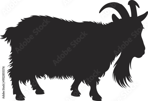 Goat silhouette illustration, shaggy horned goat animal profile, farm livestock symbol, rustic agriculture design, black vector isolated background