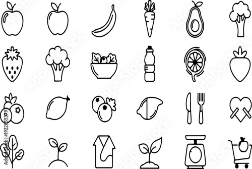 Healthy food and diet outline icon collection. Includes fruits, vegetables, drinks, kitchenware, and plant-based symbols. Created in black line art style with a white background.