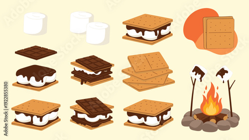 Detailed s'mores food collection including graham crackers chocolate bars marshmallows and sticks roasting over a warm campfire.