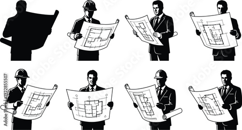 Architect engineers and businessmen holding construction blueprints planning building project architecture vector silhouette illustration set isolated