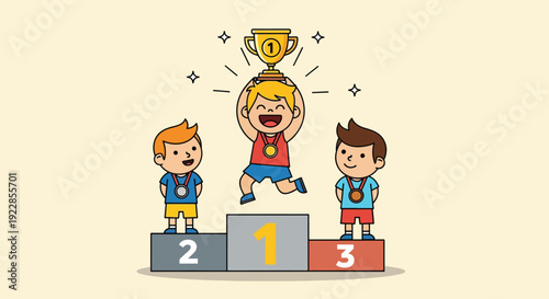Children Celebrating Victory on a Podium with Trophy and Medals.