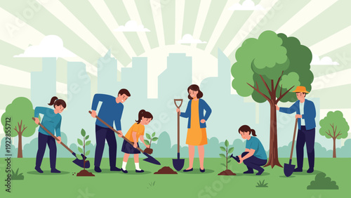 Diverse group of volunteers and a family planting young trees in a public city park for environmental protection and reforestation.