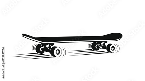 Simple black and white illustration of a skateboard in motion showing speed lines and spinning wheels on a white background.