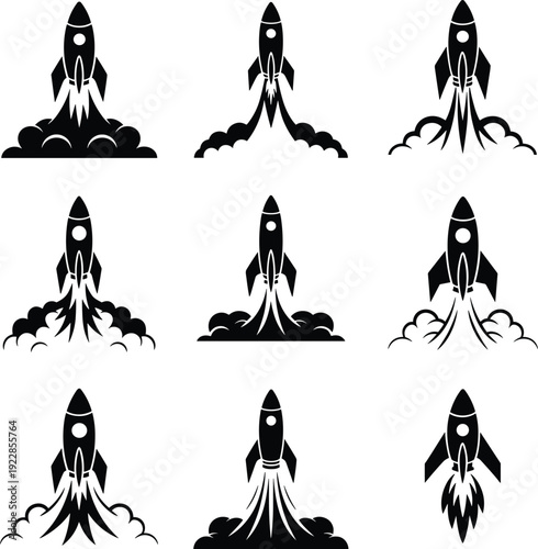 Rocket launch silhouette icons, space startup symbols, spaceship takeoff smoke flames, black vector illustration set, technology innovation concept, design, collection