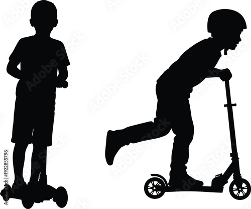 Black silhouette of two young boys riding kick scooters, one wearing a safety helmet, for outdoor play, childhood activity, and transport.