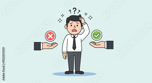 Confused Businessman Making Decision Between Right and Wrong Choices.