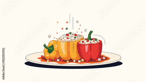 Delicious stuffed bell peppers filled with rice and meat served on a white plate with tomato sauce and sprinkled herbs on top.