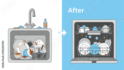 Split screen comparison showing a messy kitchen sink full of dirty dishes next to a clean and organized dishwasher after washing.
