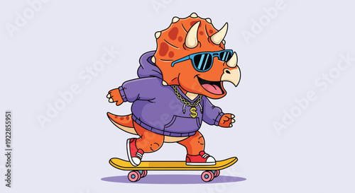 Cool Triceratops Dinosaur Riding a Skateboard with Sunglasses.