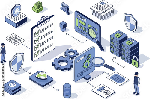 Isometric illustration of data management and security processes with analytics on computer screens and servers