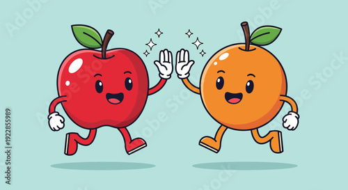 Cute Apple and Orange Characters HighFiving.
