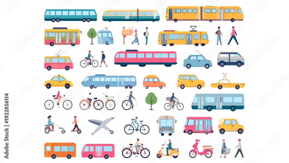 Fototapeta premium Public Transport Icon Set – Urban Mobility Flat Vector Collection