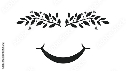 Decorative black line art symbol featuring a wide smiling mouth below two symmetrical laurel branches with small triangles and dots.