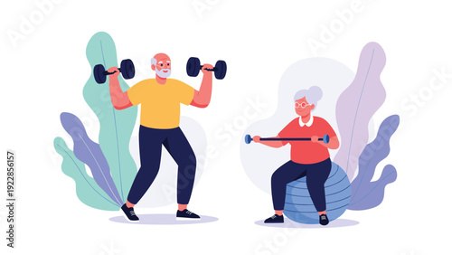 Active senior couple staying fit by exercising together with dumbbells and a fitness ball in a bright and airy gym setting.