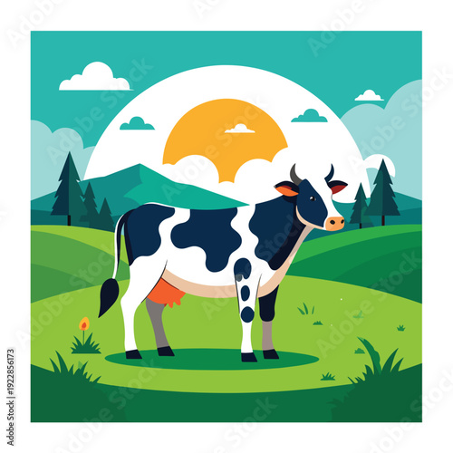 Spotted dairy animal in a vibrant green field under a bright sun and clear sky with hills and trees symbolizing wholesome agriculture and natural food