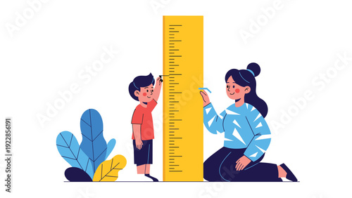 Caring mother measuring her young son's height against a tall yellow ruler board in a brightly lit room with indoor plants.