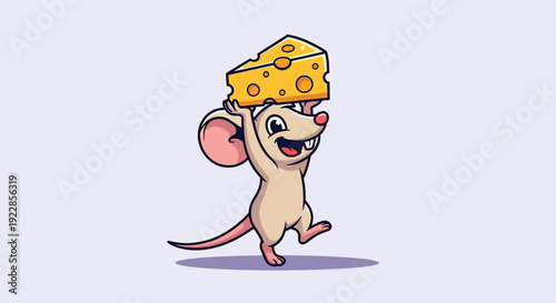 Cute cartoon mouse holding a large piece of Swiss cheese above its head.