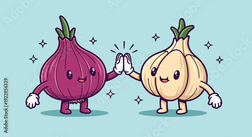 Cute Cartoon Onion and Garlic Giving High Five Vector Illustration.
