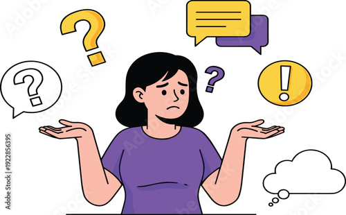 Confused Woman Character Illustration with Question Marks Speech Bubbles and Thought Cloud for Problem Solving and Doubt Concept