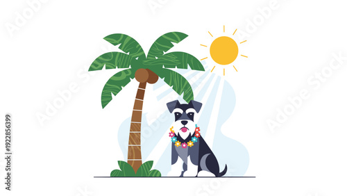 Adorable schnauzer dog wearing a colorful flower lei sitting under a tropical palm tree with a bright yellow sun in the sky.