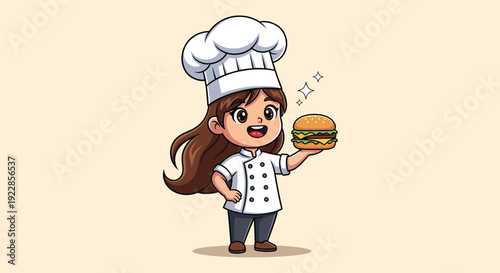 Cute Chef Girl Holding Delicious Burger Cartoon Illustration.
