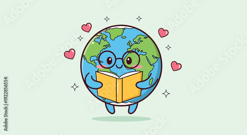 Cute Earth Character Reading a Book with Hearts.