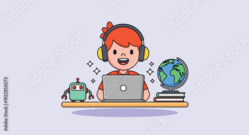 Cute Kid Learning with Laptop and Robot.