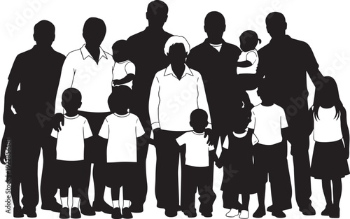 Large muslim family silhouette vector illustration, depicting parents and children of various ages, suitable for eid mubarak and islamic celebration concept design