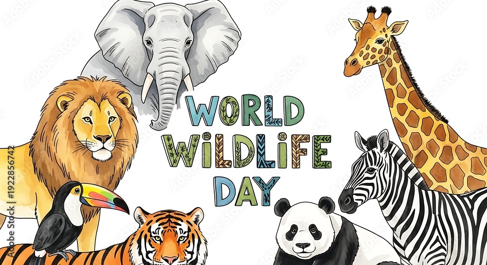 Obraz premium Colorful World Wildlife Day Illustration with Diverse Animals