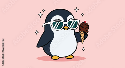 Cute Penguin Wearing Sunglasses Holding Ice Cream Cone.
