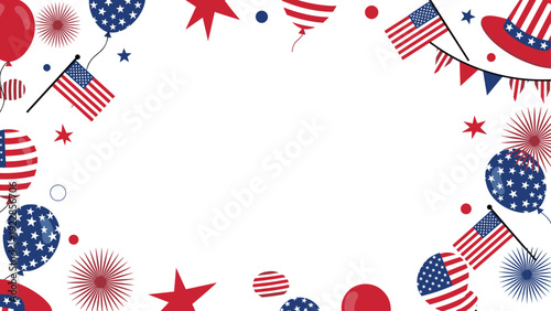 Festive fourth of july background frame decorated with american flags balloons fireworks stars and festive red white and blue hats.