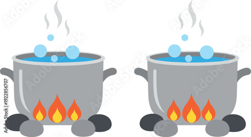 Cooking Pots with Boiling Water on Open Fire with Steam and Bubbles Vector Illustration Isolated on White Background