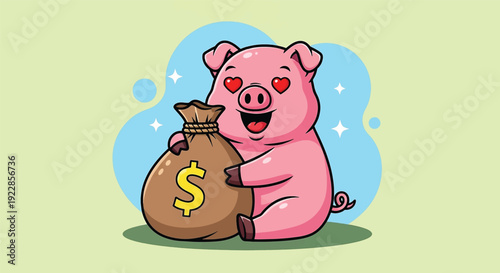 Cute Pig Hugging Money Bag with Dollar Sign.