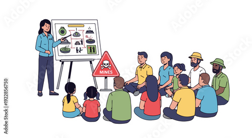 A woman presents information on a board to a diverse group of people sitting on the ground, with a mine awareness sign, promoting Assistance in Mine Action on International Day for Mine Awareness.