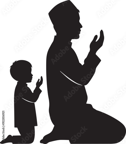 Silhouette of muslim father and son kneeling in prayer performing dua together during ramadan kareem holy month to show family values and religious education in islamic faith isolated illustration