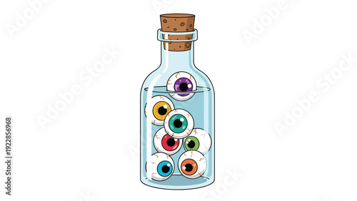 Spooky glass jar with a cork lid filled with many colorful floating eyeballs in liquid for halloween or horror themed concepts.